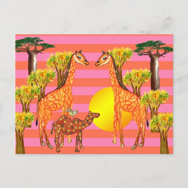 Cartão Postal Cartão-postal Girafas, Camelo, Desenho De Pássaros (Frente)