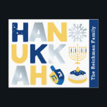 Cartão Postal Cartão-postal Holiday Hanukkah<br><div class="desc">O nosso cartão postal Hanukkah Hanukkah com um sonho, menorah, rosquinha de gelatina, e Snowflake é uma forma bela e divertida de desejar à família e aos amigos um Hanukkah feliz no estilo. Personalize com seu nome ou saudação para torná-lo realmente um de um tipo. Consultas: envie-nos uma mensagem de...</div>