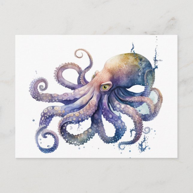 Cartão Postal Cartão-postal Octopus, com uma bela aquarela (Frente)