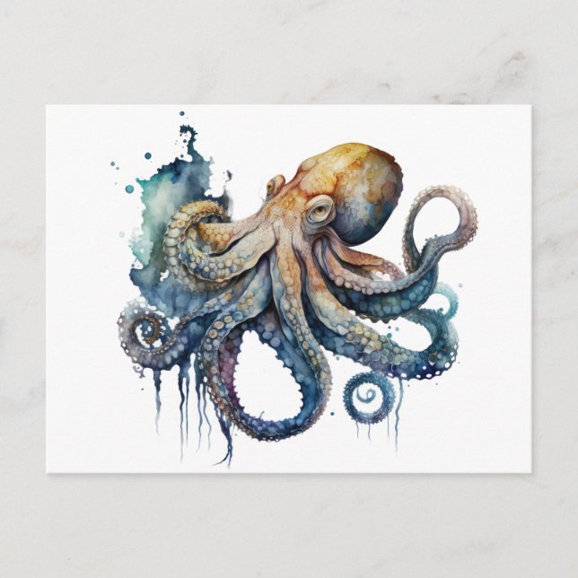 Cartão Postal Cartão-postal Octopus, com uma bela aquarela (Frente)