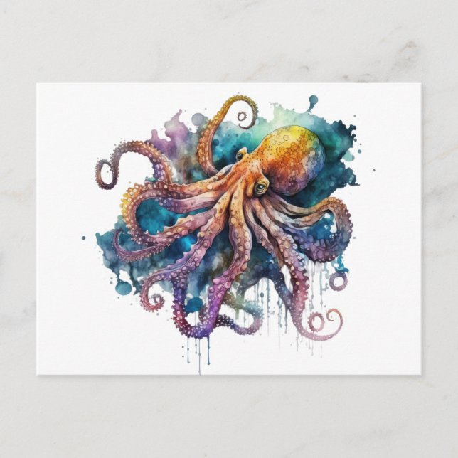 Cartão Postal Cartão-postal Octopus, com uma bela aquarela (Frente)