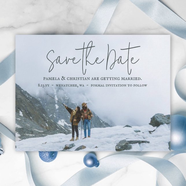 Cartão Postal Cartão-postal para salvar o Casamento no inverno r (simple wedding save the date card winter wedding elegant script calligraphy minimalistic photo card)