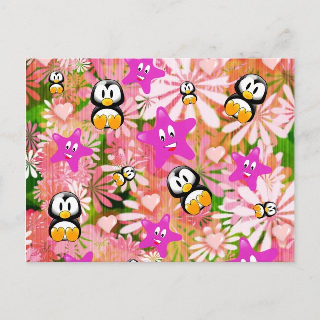 Cartão Postal Cartão-postal Penguins Floral (Frente)