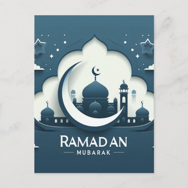 Cartão Postal Cartão-postal Ramadan Mubarak Moderno Azul E Branc (Frente)