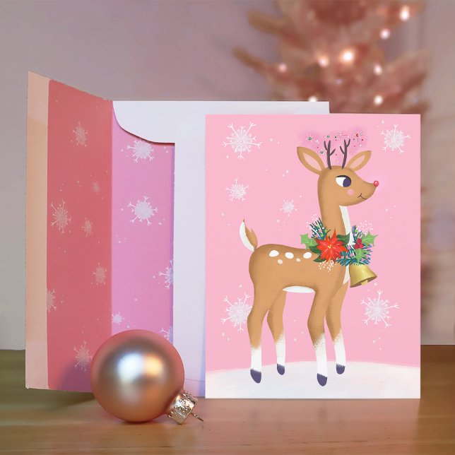 Cartão Postal Cartão-postal Retro Rudolph Reindef de Natal Rosa (Envelope sold separately.)