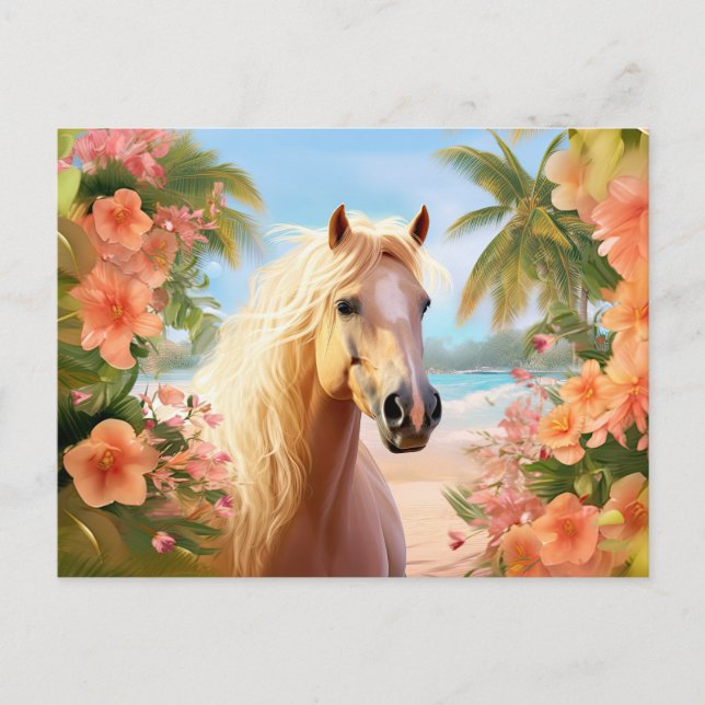 Cartão Postal Cartão-postal Rosa Hibiscus Beach Palomino Horse (Frente)