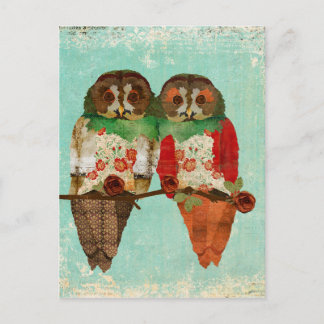 Cartão Postal Cartão-postal rosa Owls Blue Vintage