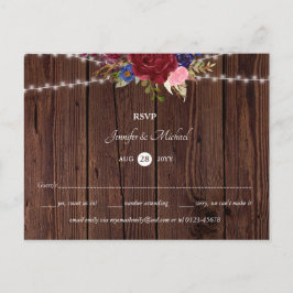 Cartão Postal Cartão-postal RSVP de Casamento Azul Rustic Burgun