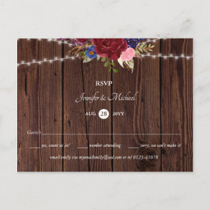 Cartão Postal Cartão-postal RSVP de Casamento Azul Rustic Burgun
