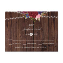 Cartão-postal RSVP de Casamento Azul Rustic Burgun