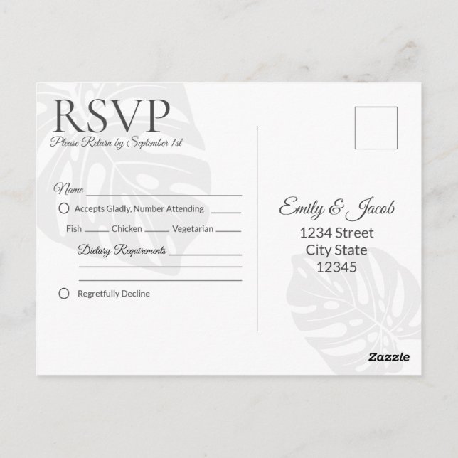 Cartão Postal Cartão-postal RSVP de Casamento, Palm Leaf Tropica (Verso)