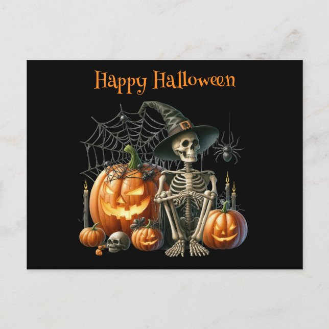 Cartão Postal Cartão-postal Skeleton Pumpkins Halloween (Frente)