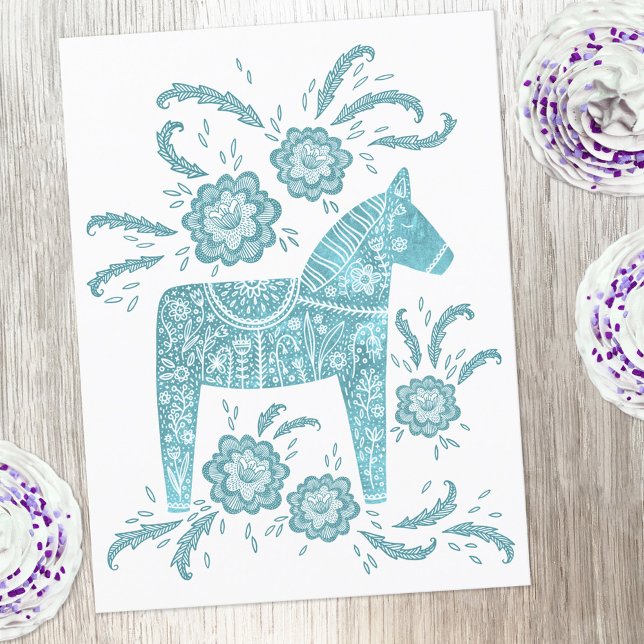 Cartão Postal Cartão-postal sueco Dala Horse Green e White (Swedish Dala Horse folk art teal and white postcard)
