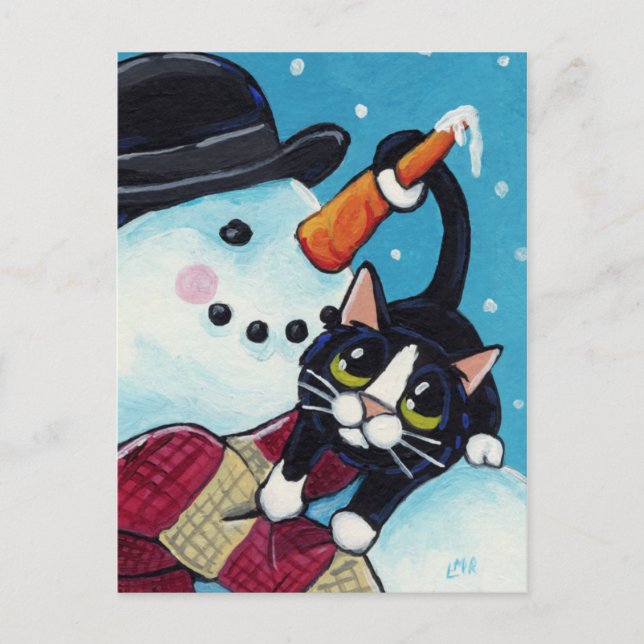 Cartão Postal Cartão-postal Tuxedo Cat e Gentleman Snowman (Frente)
