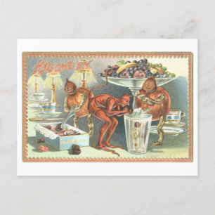 Cartão Postal Cartão-postal Vintage Halloween com doce e diabo