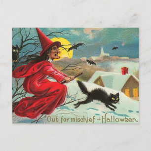 Cartão Postal Cartão-postal Vintage Witch e Cat