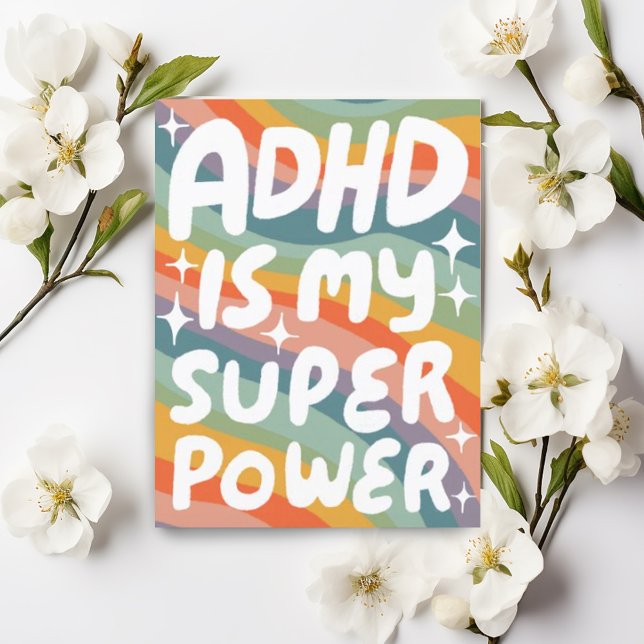 Cartão Postal Cartas PERSONALIZADAS do Bble DIVERTIDO de Super E (Cute handmade handlettering ADHD superpower uplifting postcard with rainbow colors)