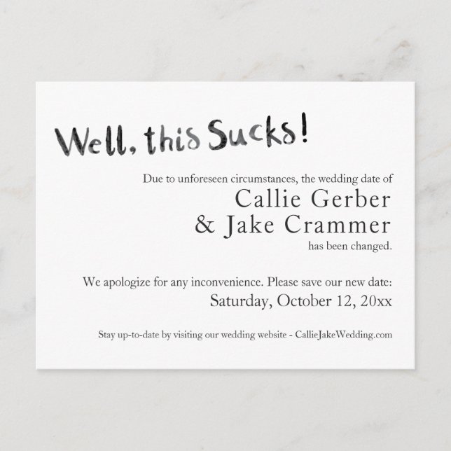 Cartão Postal Cartaz Adiado De Casamento Sucks (Frente)