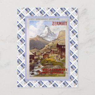 Cartão Postal Cartaz Antigo da Ferrovia Suíça, Zermatt