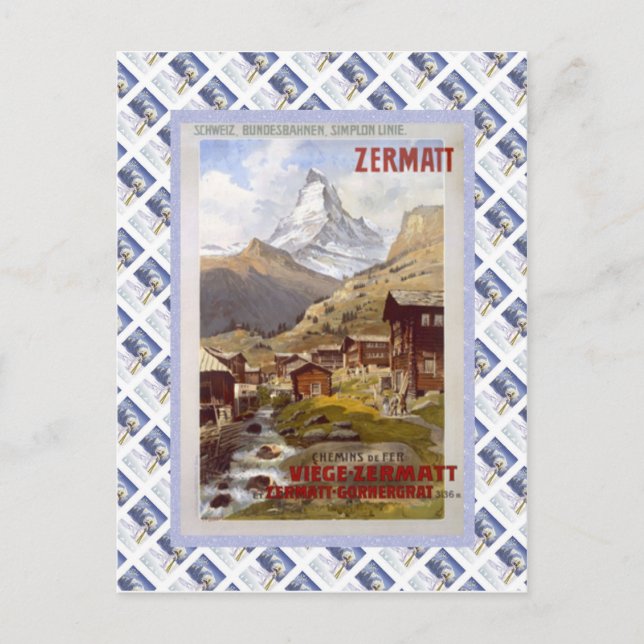Cartão Postal Cartaz Antigo da Ferrovia Suíça, Zermatt (Frente)