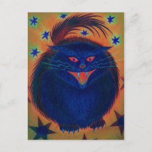 Cartão Postal Cartaz Azul de Gato Assustador
