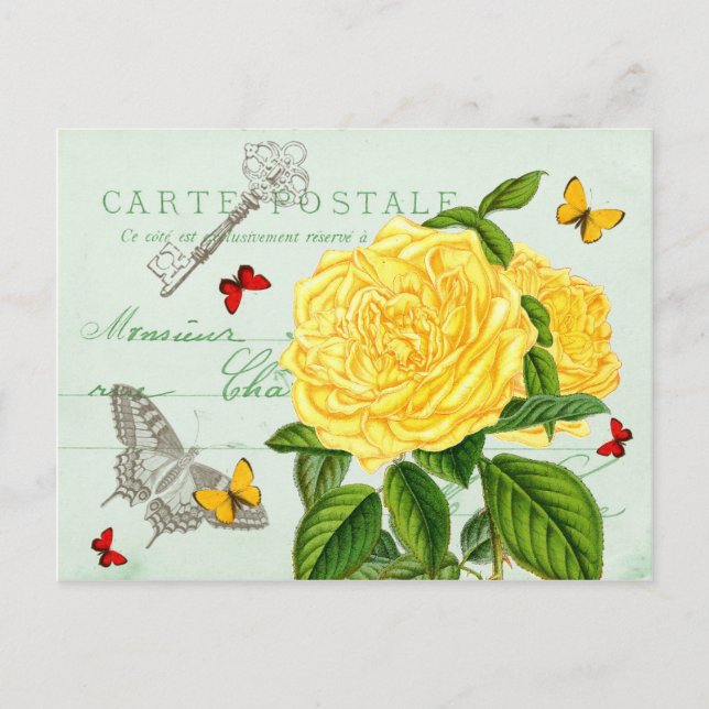 Cartão Postal Cartaz bonito com rosa e borboletas (Frente)