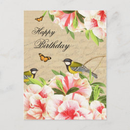 Cartão Postal Cartaz de aniversário em folha, com aves e flores