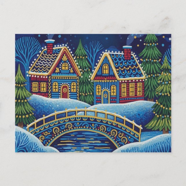 Cartão Postal Cartaz de cena de neve de Natal NAIVE ART (Frente)