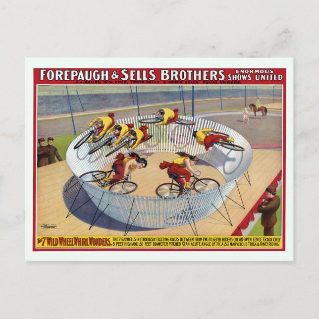 Cartão Postal Cartaz de Circo dos Sete Gaynells Andando de Bicic (Frente)
