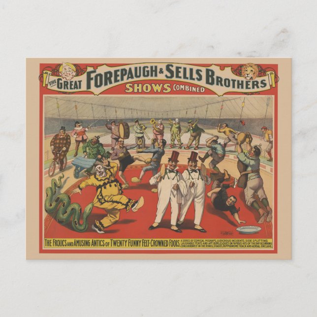 Cartão Postal Cartaz de Circo Mostrando as Diversões Engraçadas  (Frente)