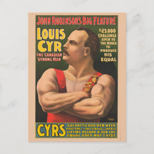 Cartão Postal Cartaz de Circo Mostrando Louis Cyr com os Braços 