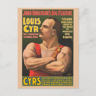 Cartão Postal Cartaz de Circo Mostrando Louis Cyr com os Braços