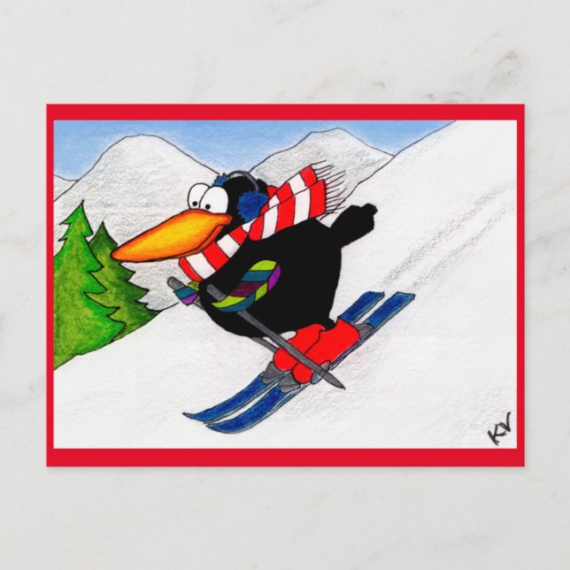 Cartão Postal Cartaz de férias de esqui de inverno com Crow Engr (Frente)