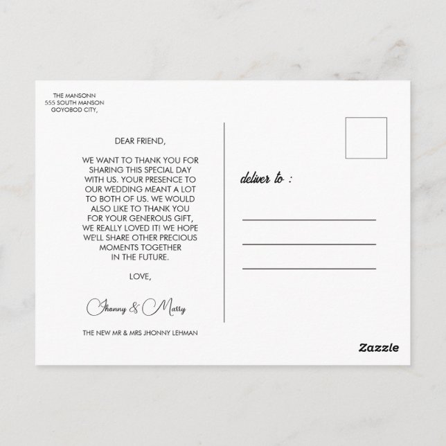 Cartão Postal Cartaz de Foto de Casamento de Script Moderno (Verso)