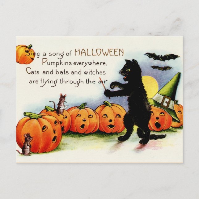Cartão Postal Cartaz de Gato Negro, Cantando Abóboras, Halloween (Frente)
