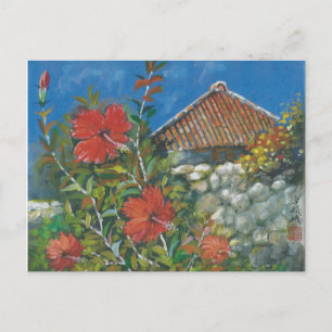 Cartão Postal Cartaz de pintura Hibiscus e Okinawan House