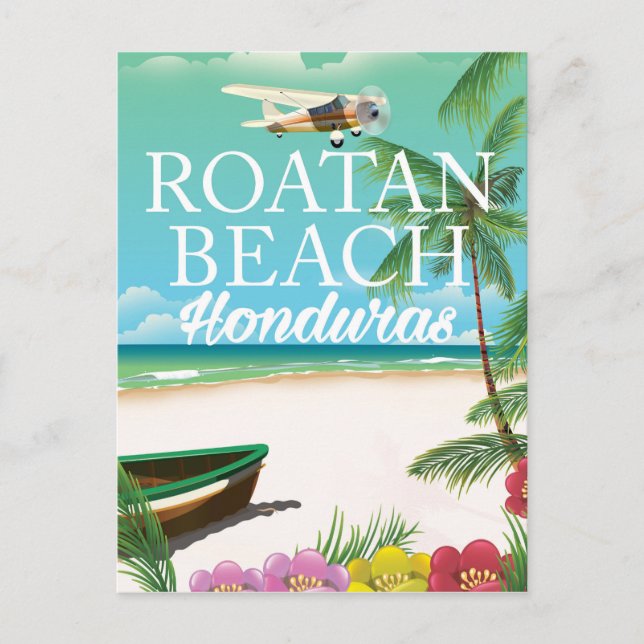 Cartão Postal cartaz de viagem antigo da Praia de Rotan Honduras (Frente)