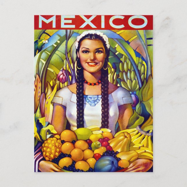 Cartão Postal Cartaz de Viagem Antigo do México Restaurado (Frente)