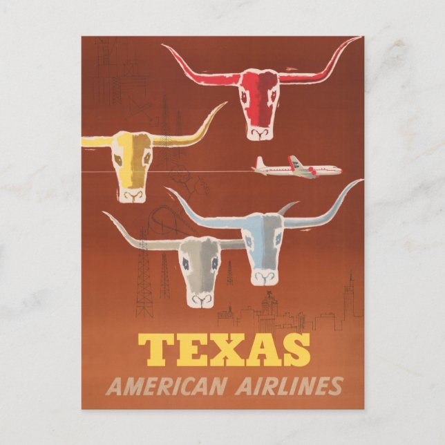Cartão Postal Cartaz de Viagem da American Airlines para o Texas (Frente)