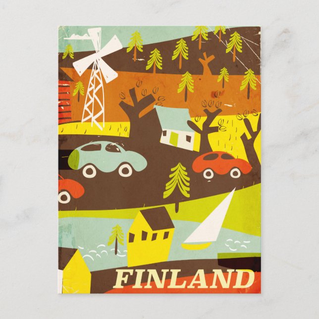 Cartão Postal cartaz de viagem da Finlândia modernista de meados (Frente)