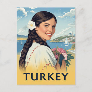 Cartão Postal Cartaz de Viagem da Turquia Mulher Sorridente e Co