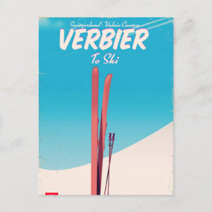 Cartão Postal Cartaz de viagem de esqui antigo de Verbier, Suíça