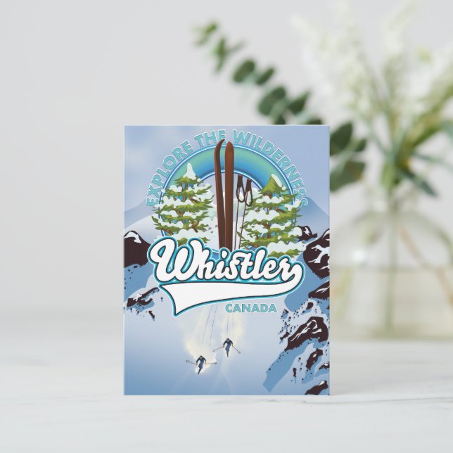 Cartão Postal cartaz de viagem de esqui do whistler Canadá. (Em pé/Frente)