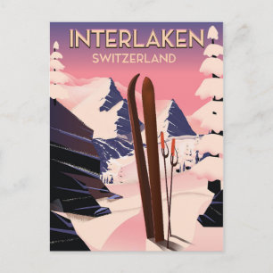 Cartão Postal Cartaz de viagem de esqui Interlaken Suíça.