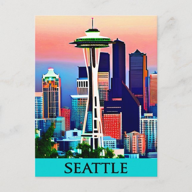 Cartão Postal Cartaz de Viagem de Seattle sob um Céu ao Amanhece (Frente)