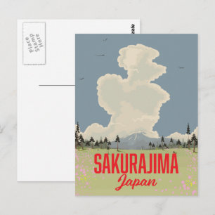 Cartão Postal Cartaz de viagem retrô do Sakurajima Japão.