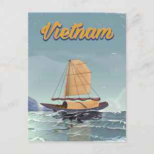 Cartão Postal cartaz de viagem vintage de barco de pesca no Viet