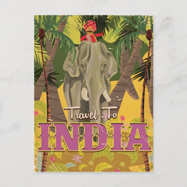 Cartão Postal cartaz de viagem vintage de elefante indiano (Frente)