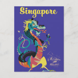 Cartão Postal Cartaz de viagem vintage do dragão de Singapura