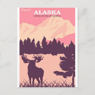 Cartão Postal Cartaz de Viagem Vintage Rosa Alasca Natureza Alce
